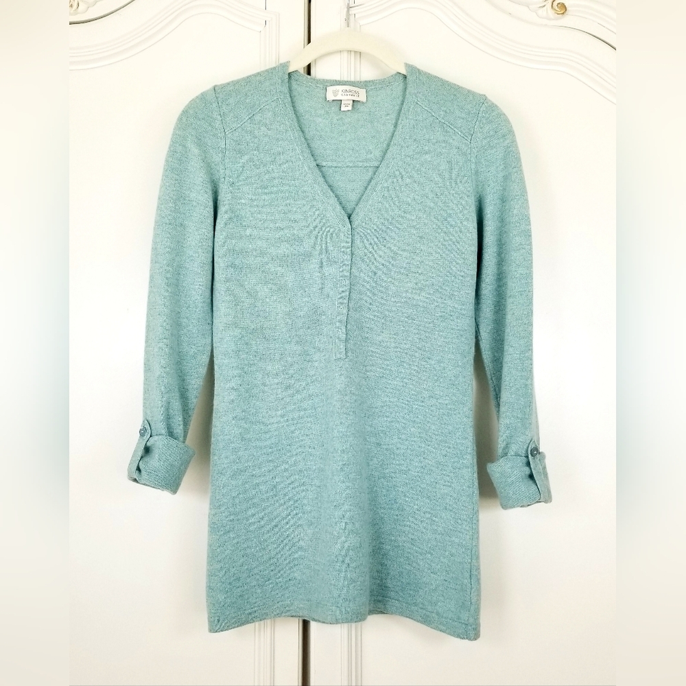 Kinross Heathered Teal Cashmere Roll Tab Sleeve Snap Henley Slim Fit Sweater XS